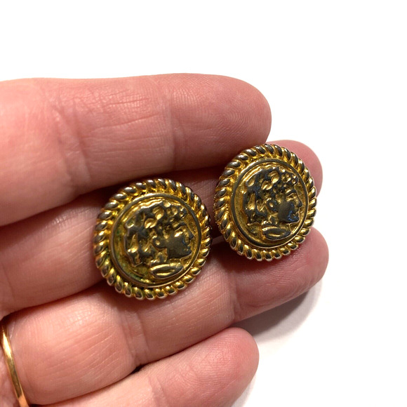 Vintage Mid Century Button Style Clip On Earrings Goldtone Textured Conservative - Picture 5 of 6